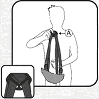 Tipoia Ortopédica com Suporte Duplo - Passo 2: Utilizando o braço não lesionado, segure a peça plástica que une as alças e passe-a por trás da cabeça, mantendo a etiqueta Mercur para frente.