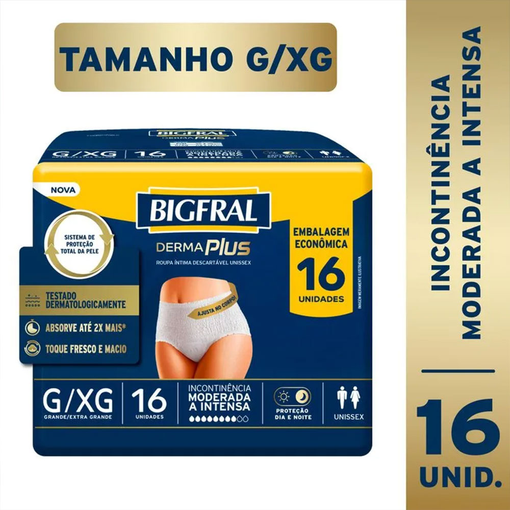 Bigfral Derma Plus Roupa Íntima Descartável G-XG 16 Unidades Pacote Econômico
